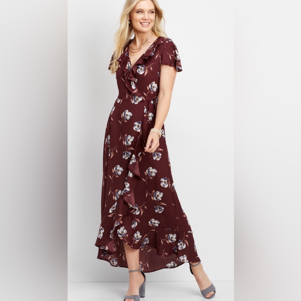 Maurices Burgundy Floral Wrap Maxi Dress Size Medium